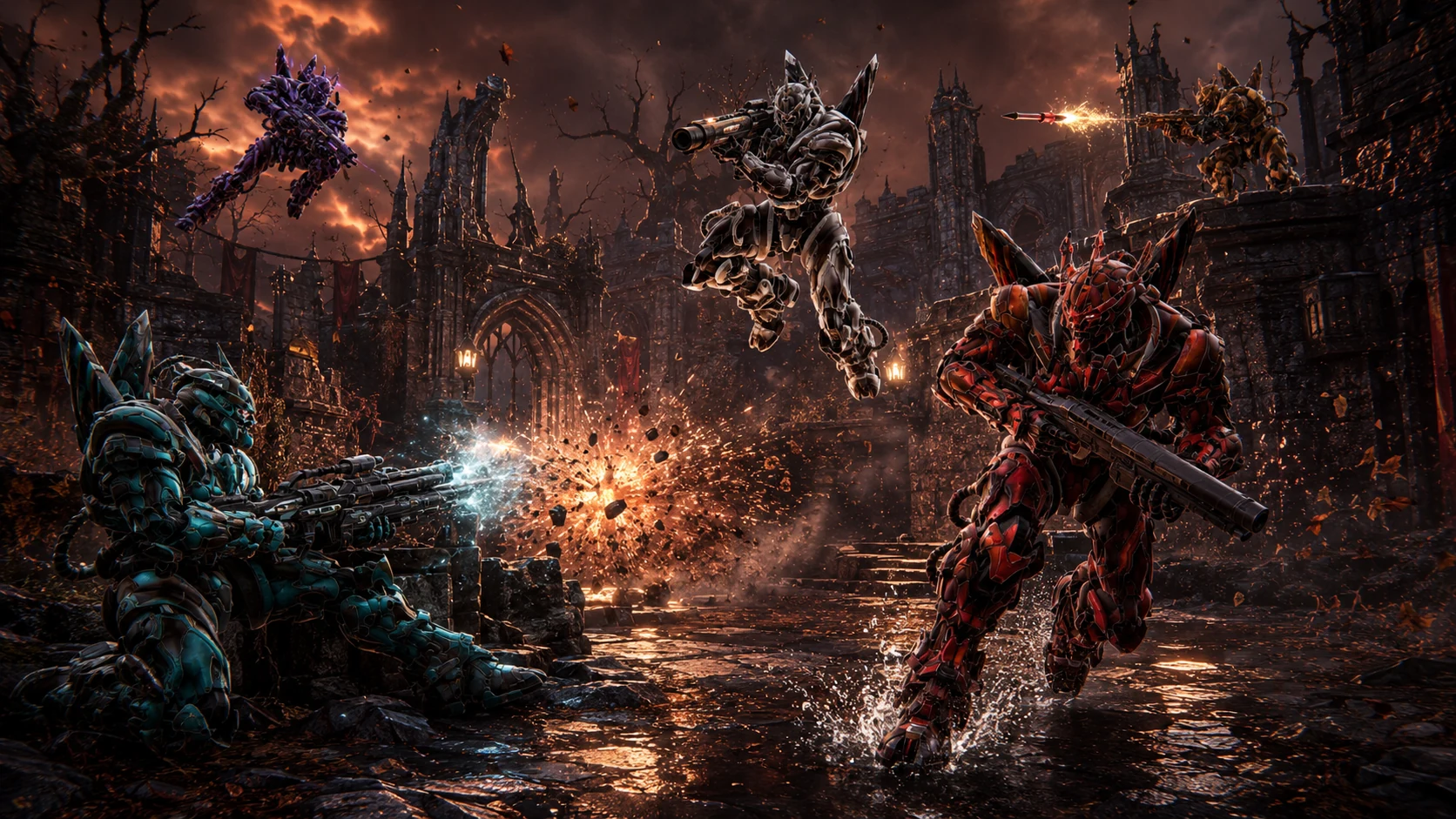 SAGORAX fighters using multiple weapons in a ruined arena