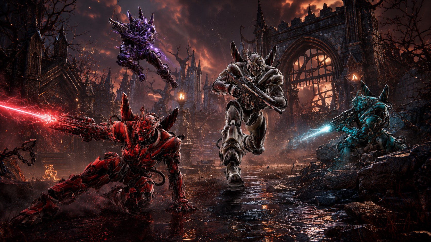 Five SAGORAX fighters charging through a ruined gothic arena