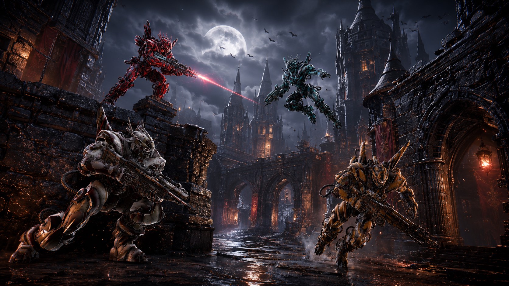 Four armoured arena fighters moving through a moonlit gothic battleground