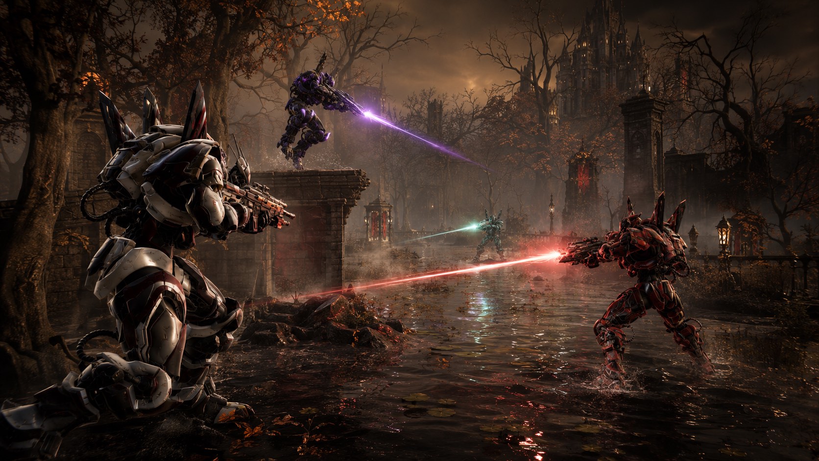 Instagib laser crossfire across a flooded gothic courtyard